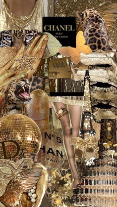 a collage of gold and black items including a leopard, dress, headpieces