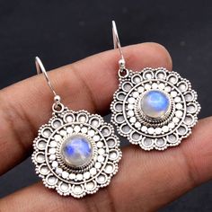 Natural Rainbow Moonstone Round Gemstone Beautiful Earring - 925 Sterling Silver Handmade Designer Pretty Women Earrings length 1.5"- ae1483 ( Stamped 925 )MATERIAL -  925 STERLING SILVERGEMSTONE - MoonstoneSTONE SHAPE - RoundEARRINGS LENGTH - 1.5"EARRING WEIGHT - 8.64 GRAMSSTONE SIZE - 9 x 9 mmCOLOR -  AS SEEN IN PICTURE Bohemian Moonstone Earrings With Ear Wire, Unique Moonstone Earrings, Unique Moonstone Pierced Earrings, Silver Nickel-free Moonstone Earrings, Nickel-free Moonstone Round Earrings, Nickel-free Moonstone Earrings For Gifts, Bohemian White Sterling Silver Earrings, Bohemian Silver Gemstone Crystal Earrings, Bohemian Silver Crystal Earrings With Gemstones