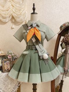 This price includes a shirt, a tie, a skirt, a waist belt, and a plush tail. Ribbon not included.  Cute bunny green Ouji fashion shirt and skirt set.   	 		 			Size 			XS 			S 			M 			L 			XL 			2XL 			3XL 		 		 			Shirt Length 			55.5 			57 			58.5 			60 			61.5 			63 			64.5 		 		 			Bust 			90 			94 			98 			102 			106 			110 			114 		 		 			Shoulders 			36 			37 			38 			39 			40.5 			41.5 			42.5 		 		 			Sleeve Length 			16.5 			17 			17.5 			17.5 			18 			18.5 			19 		 		 			Skirt Length Soup Store, Genshin Oc, Ouji Fashion, Oc Design, Shopping Link, Clothing Design Sketches, Tie Skirt, Fashion Inspiration Design, Kawaii Clothes