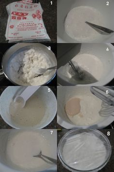 four pictures showing how to make cake batter in bowls with spatulas and measuring spoons