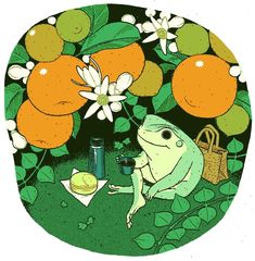 a frog is sitting in the grass near some oranges and other fruit on a tree