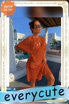 Orange Hollow Out V Neck Pullover Cover Up Beach Dress Casual Beach Cover-up For Resort Season, Orange V-neck Summer Beach Dress, V-neck Summer Vacation Cover-up, Casual V-neck Cover-up For Day Out, Casual Tunic Cover-up For Beach Season, Casual Tunic Cover-up For Vacation, Casual Vacation Tunic Cover-up, V-neck Beach Dress For Resort Season, Summer Short Sleeve Resort Cover-up