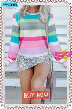 Rainbow Striped Top T-shirt Long Sleeve Color Block T-shirt For Summer, Multicolor Color Block Crew Neck Top, Multicolor Crew Neck Top For Spring, Multicolor Crew Neck T-shirt For Spring, Trendy Multicolor Crew Neck Top, Trendy Color Block Crew Neck Top, Trendy Striped Crew Neck Top, Summer Color Block Long Sleeve Tops, Multicolor Stretch Crew Neck T-shirt