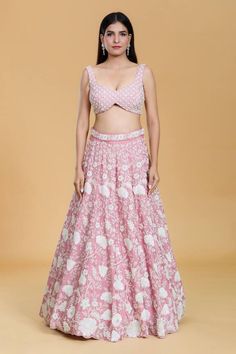 Rose gold attached cancan lehenga with all over floral embroidery using sequins, zari, stone work. Paired with an embroidered blouse and dupatta. Comes along with embroidered belt. - Aza Fashions Pink Chikankari Embroidered Fabric For Reception, Pink Chikankari Embroidery Fabric For Reception, Pink Organza Choli With Floral Embroidery, Fitted Pink Lehenga With Floral Embroidery, Pink Floral Embroidered Lehenga For Party, Pink Fitted Lehenga With Floral Embroidery, Floor-length Pink Choli With Floral Embroidery, Pink Floral Embroidery Lehenga For Party, Pink Floral Embroidered Choli For Reception