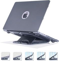 an open laptop computer sitting on top of a stand