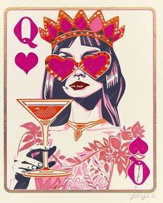 a woman holding a martini glass with hearts on her face and wearing a tiara