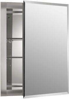 With mirrored surfaces inside and outside, this 16-inch frameless medicine cabinet helps you put your best face forward. The mirror on the front door features a beveled edge for enhanced style. Inside, adjustable glass shelves easily accommodate your toiletries. This version is for recessed installation only. KOHLER Medicine Cabinet 16-in x 20-in Recessed Mount Anodized Aluminum Mirrored Medicine Cabinet in Medium | CB-CLR1620FS Kohler Medicine Cabinet, Kohler Bathroom, Mirrored Door, Recessed Medicine Cabinet, Lighted Medicine Cabinet, Online Kitchen Cabinets, Bathroom Installation, Tempered Glass Shelves, Frameless Mirror