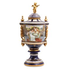 an ornate urn with a painting on the front and sides, decorated with gold trimming