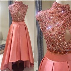 High Neck Prom Dress, Dubai Style, High Low Prom Dresses, Prom Dresses 2017, Pink Cocktail Dress, Beaded Cocktail Dress, Evening Party Gowns, Evening Gown Dresses, Dresses High Low