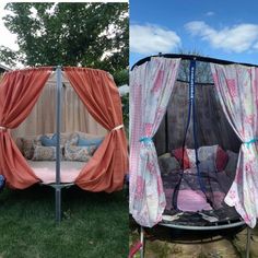 an outdoor bed with curtains and pillows on the top is shown in two different pictures