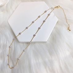 Gold Painted Mini Faux Pearl Scatter Chain Necklace Fashion Jewelry New. Length 14” + 3” Extension White Choker Layered Necklace With Adjustable Chain, White Adjustable Chain Layered Choker Necklace, White Layered Choker Necklace With Adjustable Chain, White Adjustable Choker Layered Necklace, Elegant White Layered Choker Necklace, Dainty White Layered Necklace With Clavicle Chain, Elegant White Layered Necklace With Adjustable Chain, Elegant White 16-inch Chain Necklace, White Minimalist Layered Necklace With Adjustable Chain