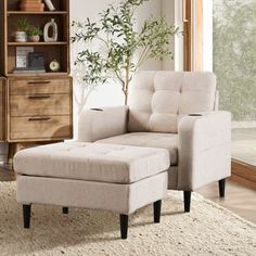 a living room scene with focus on the chair and footstool