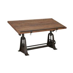 an old fashioned wooden table with metal legs