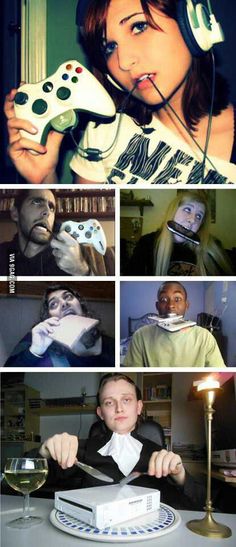 a collage of photos with people playing video games