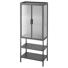 a metal and glass cabinet with shelves