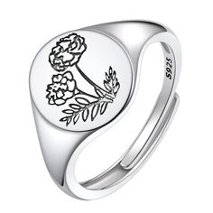 PRICES MAY VARY. 🌺Adorn yourself with our stunning and delicate Marigold embossed medallion ring, featuring the October birth flower. This dainty signet ring is a hit among women and girls, a minimalist design that goes well with any outfit, and carries a hidden message of love and blessing." 🌺Material: Crafted with solid 925 sterling silver and polished to perfection, our birth flower rings are free of nickel, lead, and cadmium. Safe for sensitive skin, these flower rings are designed to spar January Carnation, October Birth Flowers, Flower Rings, Hidden Message, Birth Flower, Mom Daughter, Timeless Accessories, Stamped Jewelry, Velvet Bag