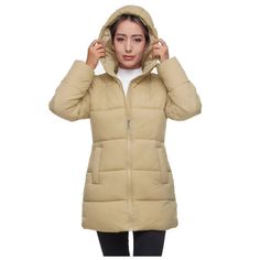 Stay warm and chic with our Rokka&Rolla Women's Long Coat Puffer Jacket. This coat features a sleek, quilted design with a flattering silhouette, perfect for braving the cold in comfort. Its lightweight, insulated material ensures superior warmth without bulk. With a hood, deep pockets, and a full-length zipper, this puffer coat combines practicality with elegance, making it an essential addition to your winter wardrobe. Fitted Beige Winter Outerwear, Hooded Quilted Beige Outerwear, Winter Fitted Quilted Jacket With Padded Collar, Fitted Winter Quilted Jacket With Padded Collar, Fitted Quilted Puffer Jacket With Long Sleeves, Beige Hooded Quilted Outerwear, Fitted Quilted Jacket With Padded Collar For Winter, Beige Quilted Hooded Outerwear, Winter Fitted Puffer Quilted Jacket