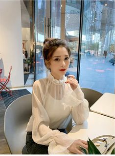 Long Sleeve Wrinkled Chiffon Blouse Shirt – Nada Outfit Land White Sheer Sleeves Top For Office, Ootd Korean Style, Ootd Korean, Casual Blouse Shirts, Chiffon Shirt Blouse, Coachella Valley, Designs For Dresses, Blouse Shirt, Chiffon Blouse