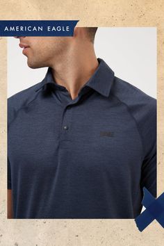 Lightweight, ridiculously soft cotton blend/Sweat-wicking technology/Two button placket/Small AE 24/7 embroidered logo/This shirt is Real Good: Made with the planet in mind & a promise to continue to do better. Men's Activewear, Activewear Tops, Do Better, Button Placket, Workout Shirts, American Eagle Outfitters, American Eagle, Women's Clothing, Polo Shirt