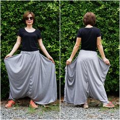 "Boho funky pants or skirt with elastic waist. The pants feature very low crotch, roomy pocket, side flap with button that create a wrap skirt looks! Material: 40% cotton mix 60% polyester jersey, elastic band, button Model is 161 cm. tall with 28\" waist and 38\" hip Measurement: pants (approximately) Elastic waist: 26\"-36\" (no zipper) Hip: 72\" If you wear as shown on the 2nd pic. Hip: 45 \" If you button up as shown on the 3rd pic. Length: 36\" (longest partfrom waist to hem) PLEASE PROVIDE Casual Harem Bottoms With Elastic Waistband, Casual Harem Bottoms With Side Pockets, High-waist Loose Fit Harem Pants With Side Pockets, Summer Fitted Bottoms With Drop Crotch, Stretch Harem Bottoms With Elastic Waistband, Baggy High-waist Harem Pants With Elastic Waistband, Versatile Harem Pants With Elastic Waistband, Loosely Fitted Harem Pants With Elastic Waistband, Versatile Stretch Harem Bottoms