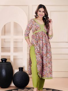 This beautiful Rayon Alia cut Kurta suit set is the most comfortable and classy Indian outfit. Soothing Rayon fabric with sequence detailing makes it very elegant. The pants a comfort fit with elastic band that makes the pants roomy. 3/4th sleeves and straight fit kurta make it comfortable to wear for long hours , can be accessorized and worn at occasions . Soft Rayon Kurta Pant Set is so comfortable and stylish Specially handmade with love for you by the local Artisans of Jaipur , Rajasthan , India ! Size chart in pictures Model is wearing size M size chart in pics set includes 1 kurta with pants and Dupatta . Multicolor Cotton Silk Kurta With Dabka Detail, Multicolor Cotton Silk Kurta With Dabka, Designer Cotton Palazzo Set With Dabka Work, Unstitched Bollywood Pant Set With Dabka Work, Bollywood Style Palazzo Set With Printed Motifs, Cutdana Sets With Straight Kurta For Navratri, Bollywood Style Printed Palazzo Set For Navratri, Festive Green Pant Set With Chikankari Embroidery, Bollywood Designer Sets With Printed Motifs