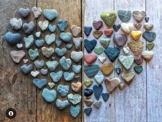 two pictures with different colored rocks in the shape of hearts on wooden planks, one is