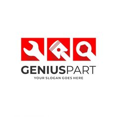 the logo for geniuspart is designed in red and black, with an image of tools