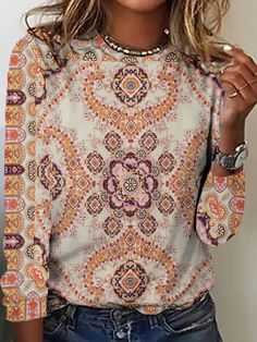 An exclusive offer for you——Affordable prices at Zolucky store, SPU: 2941FT-9614EB, Color: Apricot, Material:Jersey, Clothes Length:Regular. Bohemian Long Sleeve T-shirt For Fall, Multicolor Geometric Pattern Top For Fall, Fall Multicolor Geometric Pattern Top, Casual Colorful Pattern Tops For Fall, Bohemian Long Sleeve T-shirt With Relaxed Fit, Bohemian Long Sleeve Fall T-shirt, Fall Patterned Top With All Over Print, Casual Tops With All Over Pattern Prints, Bohemian Multicolor Crew Neck Tops