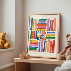 a teddy bear is sitting next to a book shelf with a poster on it that says read books