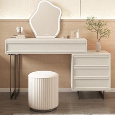 a white dressing table with a mirror and stool next to it on a wooden floor