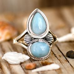 Two stone, Larimar ring. The perfect boho chic ring. Genuine gemstone. Made of sterling silver. **Each stone is unique, the buyer will get a random beautiful Larimar from the current collection.** ❥ Metal: Solid sterling silver ❥ US Ring Size: Choose Size ❥ Width: 27mm ❥ Gemstone: Larimar ❥ Gemstone Color: Blue This is a wide ring. We recommend choosing a half or a full size up than your regular size for the best fit. ✈ Free Shipping (USPS) 🎁 Free Gift Box ↻ 60 Days Return ⌛ 24 Handling Time ** Copper Wedding Band, Silver Ring For Women, Copper Wedding, Larimar Ring, Blue Stone Ring, Chevron Ring, Dope Jewelry, Hippie Jewelry, Men's Jewelry Rings