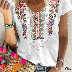 Zlily - Tribal Floral Print Womens T-shirt: Casual Summer Short Sleeve Crew Neck Tee - Fashionable Womens Clothing Casual Multicolor Print V-neck T-shirt, Summer Graphic Print Patterned T-shirt, Spring Patterned Short Sleeve T-shirt, Bohemian Multicolor V-neck T-shirt, Multicolor Bohemian Relaxed Fit T-shirt, Embroidered V-neck T-shirt For Summer, Bohemian Short Sleeve Patterned Tops, Patterned Graphic Tee For Summer, Summer Patterned T-shirt With Graphic Print