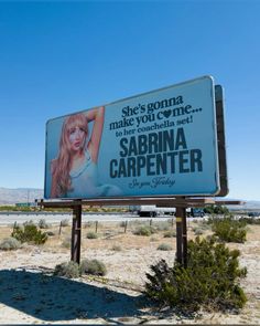 a billboard in the middle of nowhere with a woman's face on it and words written below