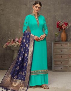 Sky Blue Palazzo style Suit Japan Satin Satin Salwar Kameez, Palazzo Dress, Satin Suit, Palazzo Style, Latest Salwar Kameez, Palazzo Suit, Salwar Kamiz, Kareena Kapoor, Georgette Fabric