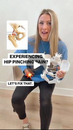 a woman sitting on a chair with her hands in the air and text explaining how hip pinching pain works