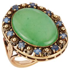 Art Nouveau Tiffany & Co Cabochon Jade & Sapphire Ring Ring Size: 4.75 Signed, Tiffany & Co. Gold Type: 18K Yellow Gold From the legendary Louis Comfort Tiffany era Louis Comfort Tiffany, Tiffany And Co, Ring Ring, Cocktail Rings, Tiffany & Co., Sapphire Ring, Art Nouveau, Jade, Jewelry Rings