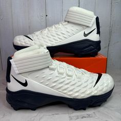 Nike Force Savage Pro 2 Shark Mens Sizes Football Cleats White Navy Blue Bv5448-102 Mens Sizes 12-15 New With Box Sporty High-top White Golf Shoes, White High-top Sporty Golf Shoes, White Running Shoes With Cushioned Footbed For Sports, White Basketball Shoes With Cushioned Footbed, Functional White Golf Shoes For Training, Sporty White High-top Sneakers, Dynamic White Sneakers For Sports Season, White Nike High-top Running Sneakers, White Fade-resistant Basketball Shoes For Sports Season