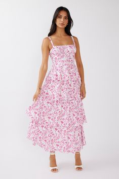 Shop the Provence Bloom Tiered Midi Dress Floral Pink | Selfie Leslie Pink Flowy Tiered Skirt Dress, Pink Maxi Dress With Ruffled Fitted Bodice, Pink Maxi Dress With Ruffles And Fitted Bodice, Spring Wedding Dress With Tiered Skirt, Pink Midi Dress With Ruffles And Fitted Bodice, Pink Feminine Tiered Maxi Dress, Feminine Pink Tiered Maxi Dress, Pink Dress For Brunch And Garden Party, Pink Midi Dress With Fitted Bodice