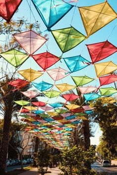 many colorful kites are hanging in the air