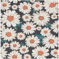 white daisies on black background with green leaves and orange centers, in an abstract pattern