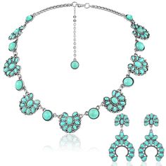 PRICES MAY VARY. Easy to Wear: this necklace is equipped with a metal buckle, so you can easily take it on or off; You can wear this necklace alone without the help of others; The design of this ethnic earrings is classic as well, and wearing the turquoise jewelry set for women can show your good taste Make You the Focus: these turquoise necklace and earrings for women have fine workmanship, they inlay artificial turquoise in metal and looks like a blue flower; Wearing these jewelries to show yo Turquoise Jewelry Set, Western Necklace, Turquoise Jewelry Earrings, Earring Accessories, Western Necklaces, Picture Necklace, Western Earrings, Turquoise Earrings Dangle, Necklace Cute