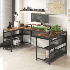 an office desk with two shelves and a computer monitor on the wall, along with a plant