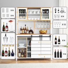 an image of a kitchen with wine bottles and glasses on the shelves in it's display case