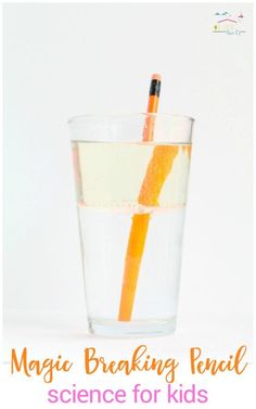 an orange and white drink in a glass with the words magic breaking pencil written on it