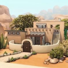 Sims 4 Adobe House, Desert Home Sims 4, Hacienda Sims 4, Sims 4 Desert House, Desert Oasis Home, Desert House Exterior, Arabian House Design, Sims 4 Penthouse, Sims 4 Ps4