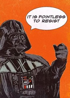 a darth vader comic book cover with a speech bubble saying it is pointless to resist