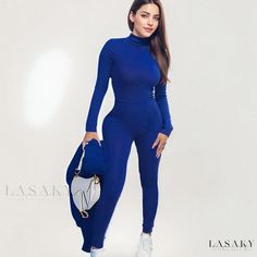 Lasaky - Womens High-neck Long-sleeved Bodysuit and Trousers - Casual Wear Blue Long Sleeve Non-stretch Set, Blue Long Sleeve Solid Color Sets, Blue Long Sleeve Sets, Casual Blue Bodysuit For Fall, Fitted Blue Solid Color Sets, Blue Stretch Jumpsuit With Long Sleeves, Blue Stretch Jumpsuits And Rompers For Winter, Blue Long Sleeve Jumpsuits And Rompers For Winter, Blue Long Sleeve Jumpsuits And Rompers For Fall