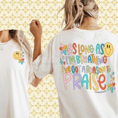 PRAISE! Tee Rainbow Graphic Tee With Letter Print, Cute Rainbow Print Crew Neck T-shirt, Retro Crew Neck T-shirt With Rainbow Print, Rainbow Print Cotton T-shirt With Crew Neck, Playful Rainbow Print Crew Neck T-shirt, Beatriz Ball, Summer Favorites, Shirt Fits, Capri Blue