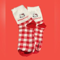 Sanrio Hello Kitty Socks Size: 8.5 Color: Red & White New Cheap Red Hello Kitty Print T-shirt, Cute Red Socks, Red Cotton T-shirt With Hello Kitty Print, Trendy Red Cotton Socks, White Socks With Red Hearts, Hello Kitty Socks, Cute Red Cotton Socks, Sanrio Socks, White And Red Heart Socks