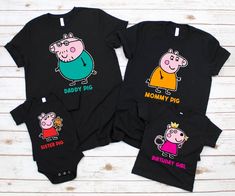 three peppa pig onesuits with one mama, one baby and one child on them